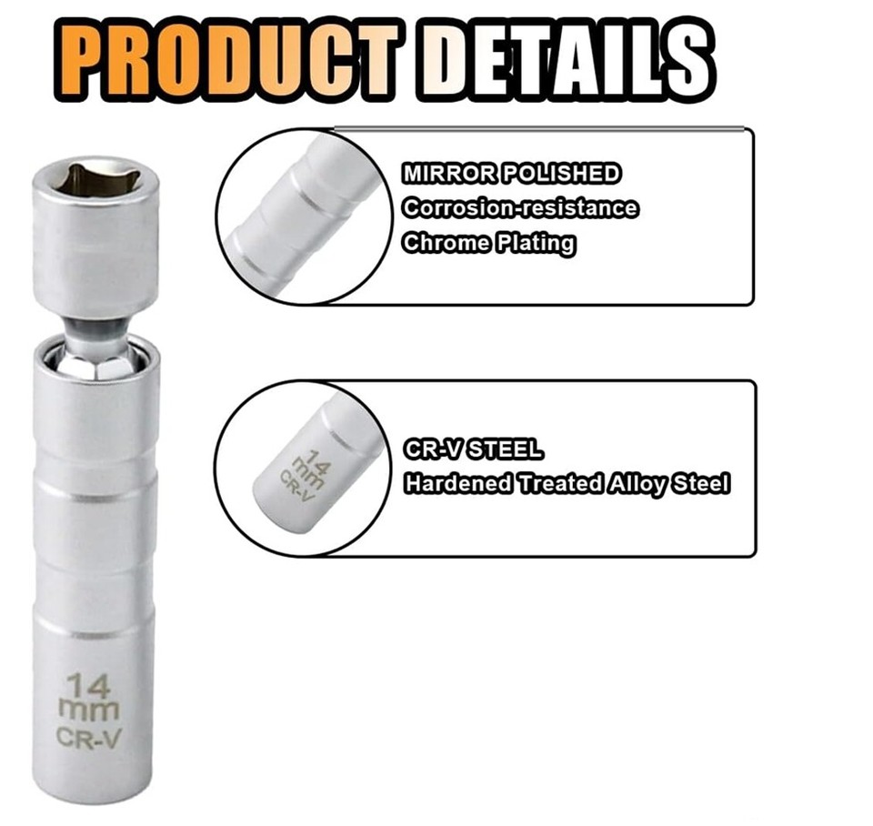 1*14mm Magnetic Thin Wall Wobble Spark Plug Socket Sleeve Removal Tool ...