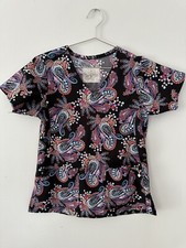 Vera Bradley Black Purple Orange Paisley Floral Print Scrub Top sz XS