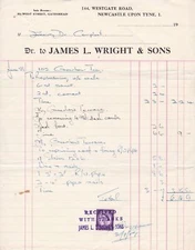 JAMES L. WRIGHT & SONS,Newcastle 1959 jobs Greenhow Terrace Stamp Invoice  48619