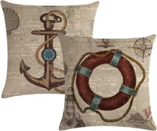 Vintage Sea Theme Pillow Covers with Nautical & Ocean Style Life Buoy& Anchor Pa