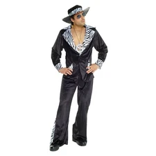 Mens Black PIMP DADDY Costume + Hat 1970s Big Daddy Velvet Suit Halloween