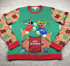 Ugly Christmas Sweater GET BLITZED Funny Reindeer Holiday Beer Drinking Mens L