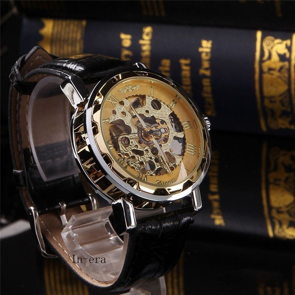 Reloj Deportivo Clásico para Hombre, Esfera Dorada, Correa de Cuero Negro, Mecánico de Esqueleto 2