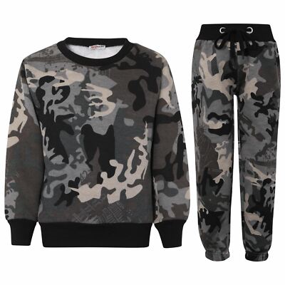 Girls Boys Camo Charcoal Tracksuit Sweatshirt Set PE School
