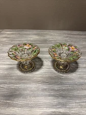 Candle Holders (2) Pair Candlestick Taper Glass Hand Painted Floral Gold Accents