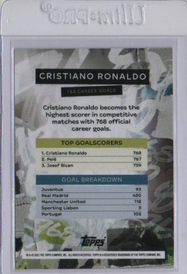 2021 Topps Now UCL Cristiano Ronaldo 768 Career Goals Most Goals Ever Juventus view 2
