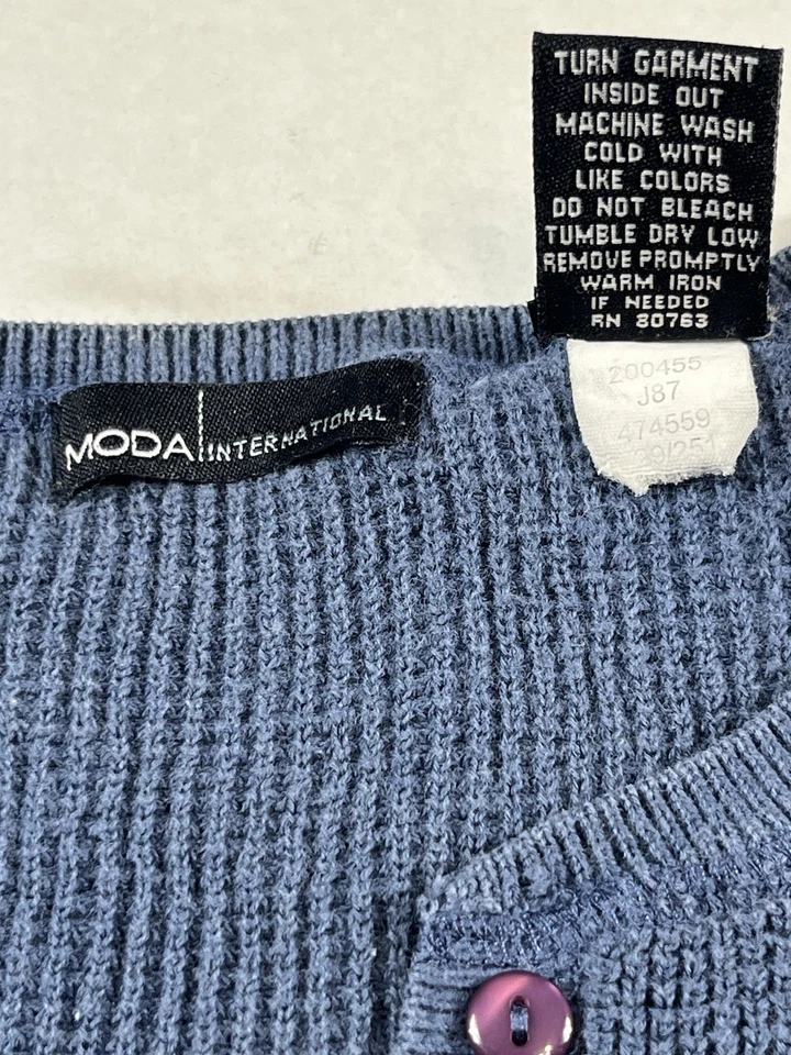 Moda International Women Sm Blue Henley Knit Sweater Long Sleeve Cotton Button - Image 3 of 4