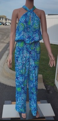 NWOT Lilly Pulitzer Emmy Jumpsuit Oh Shucks Sparkling Blue Green XS Halter NEW