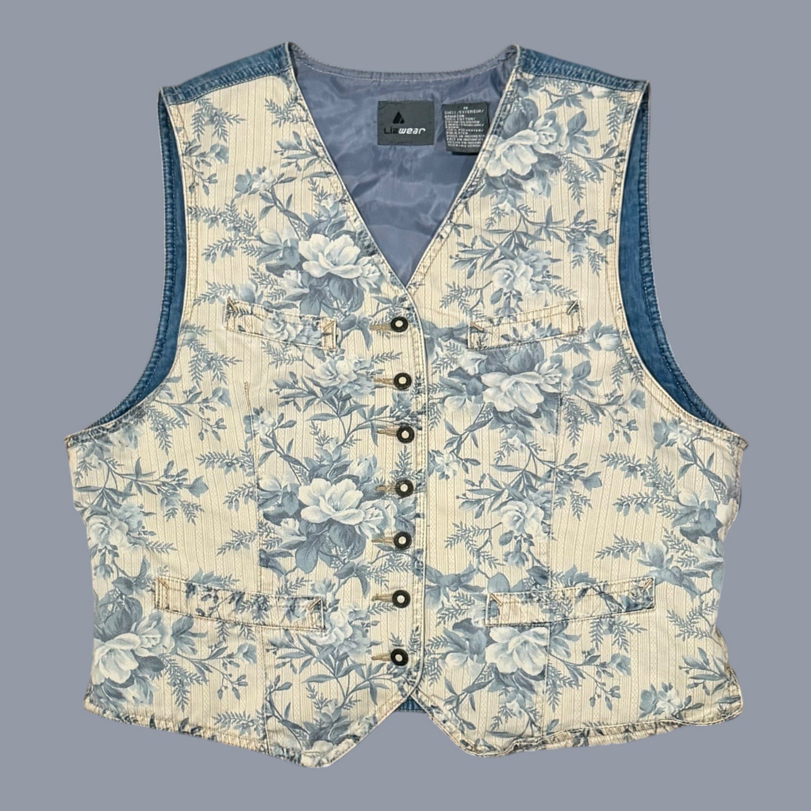 Vintage 90s Liz Wear Floral Denim Button Up Vest/ Sz: M