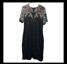 Stenay Vintage 14 Dress Beaded Silk Sequin 90s Black Glam Cocktail Holiday Party