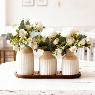 Set of 3 Artificial Flowers in Ceramic Vases with Wood Tray - Modern Minimali...