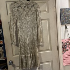 80's VINTAGE Judith Ann Creations INDIA SILK Heavily Beaded Dress Long Sleeeve S