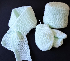 Hand knitted baby's hat, mitts and keyhole scarve set in mint green sparkle wool