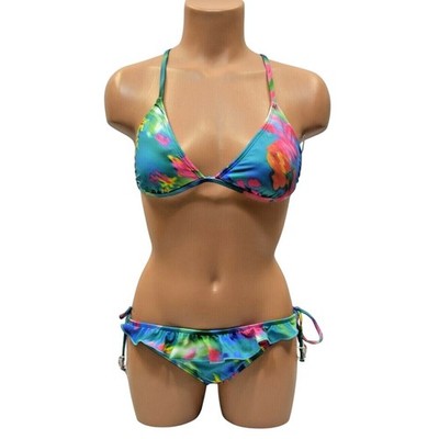 Guess Womens Multicolor Tropical Floral Ruffle Triangle Bikini Set Blue New