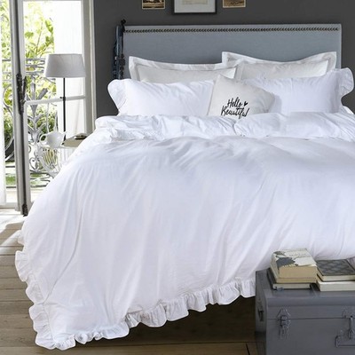 QSH White Ruffle Duvet Cover Queen Washed Cotton Farmhouse Shabby Boho Chic