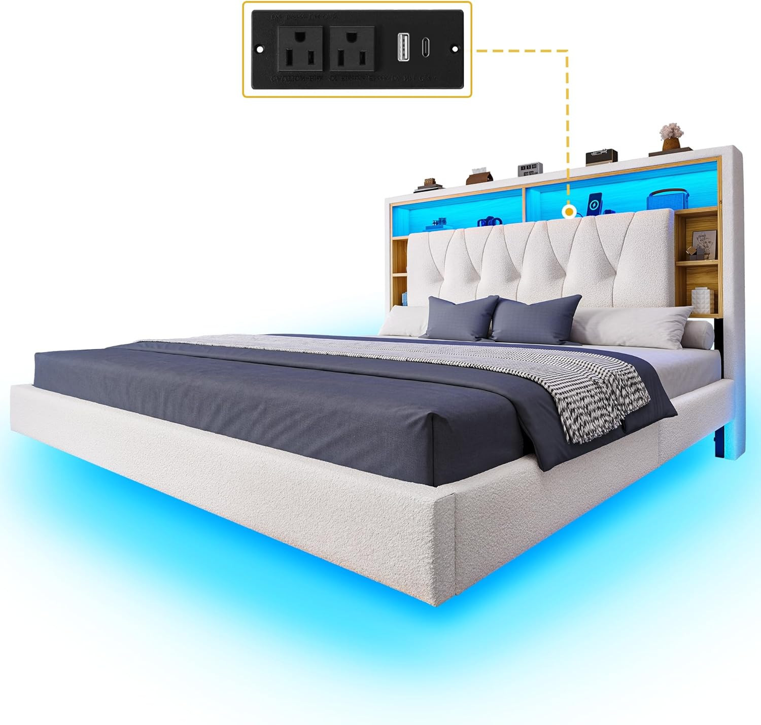 Queen Size Upholstered Bed Frame with RGB Lights & Bookcase Headboard