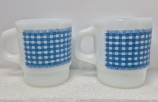 Vintage Anchor Hocking Fire King Blue Gingham Milk Glass Mugs Set of 2