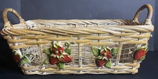 Rectangular Wicker Basket with Ceramic Painted Strawberries - 13 x 6.5 inches