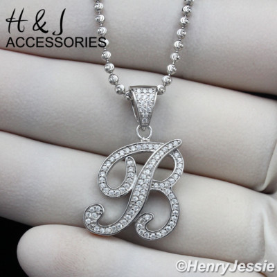 925 STERLING SILVER 18-30''X2MM MOON CUT BEADED CHAIN CZ LETTER ''B'' PENDANT*SP17