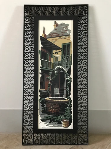 Mark Coomer Serigraph "Wishing Well" Ornate Black Cast Iron Frame 16" x 34"