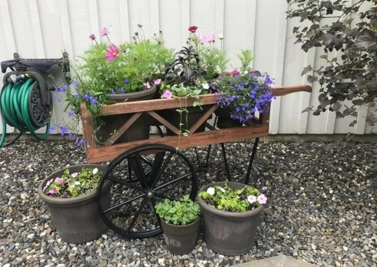 Flor Jardín Carro Maceta Madera Metal Rústico Casa de Campo Expositor Rodante Foto 4 de 4