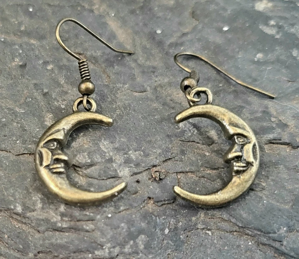 Moon Earrings, Bronze, Hypo Allergenic Hooks, Hippie Jewelry, Handmade! - Image 2 of 2
