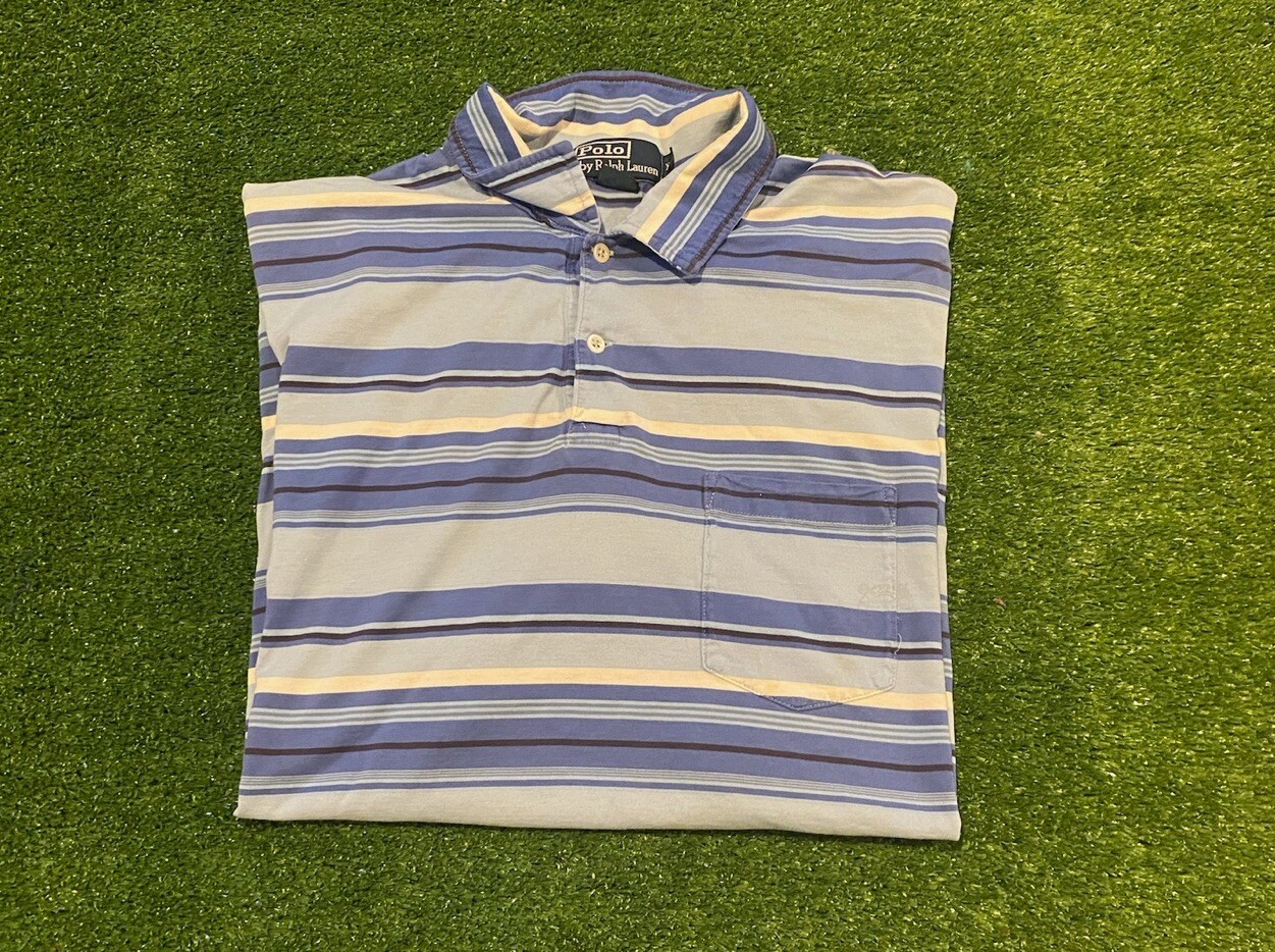 Polo vintage Ralph Lauren camicia da golf grande a righe blu uomo adulto little pony