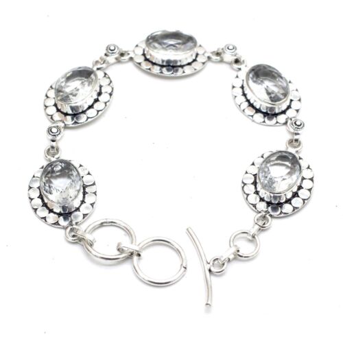 925 Sterling Silver White Topaz Gemstone Handmade Jewelry Bracelet Size-7-8 - Foto 1 di 7