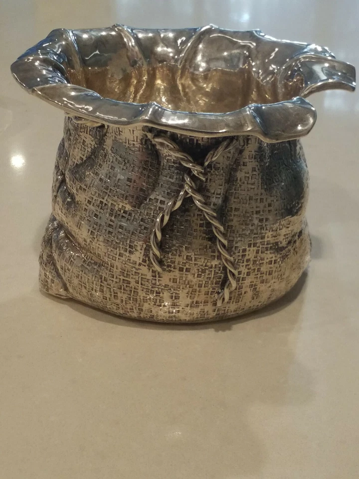 Jarrón 'bolso con cordón' de plata esterlina italiana fratelli cacchione de mediados de siglo Foto 3 de 4