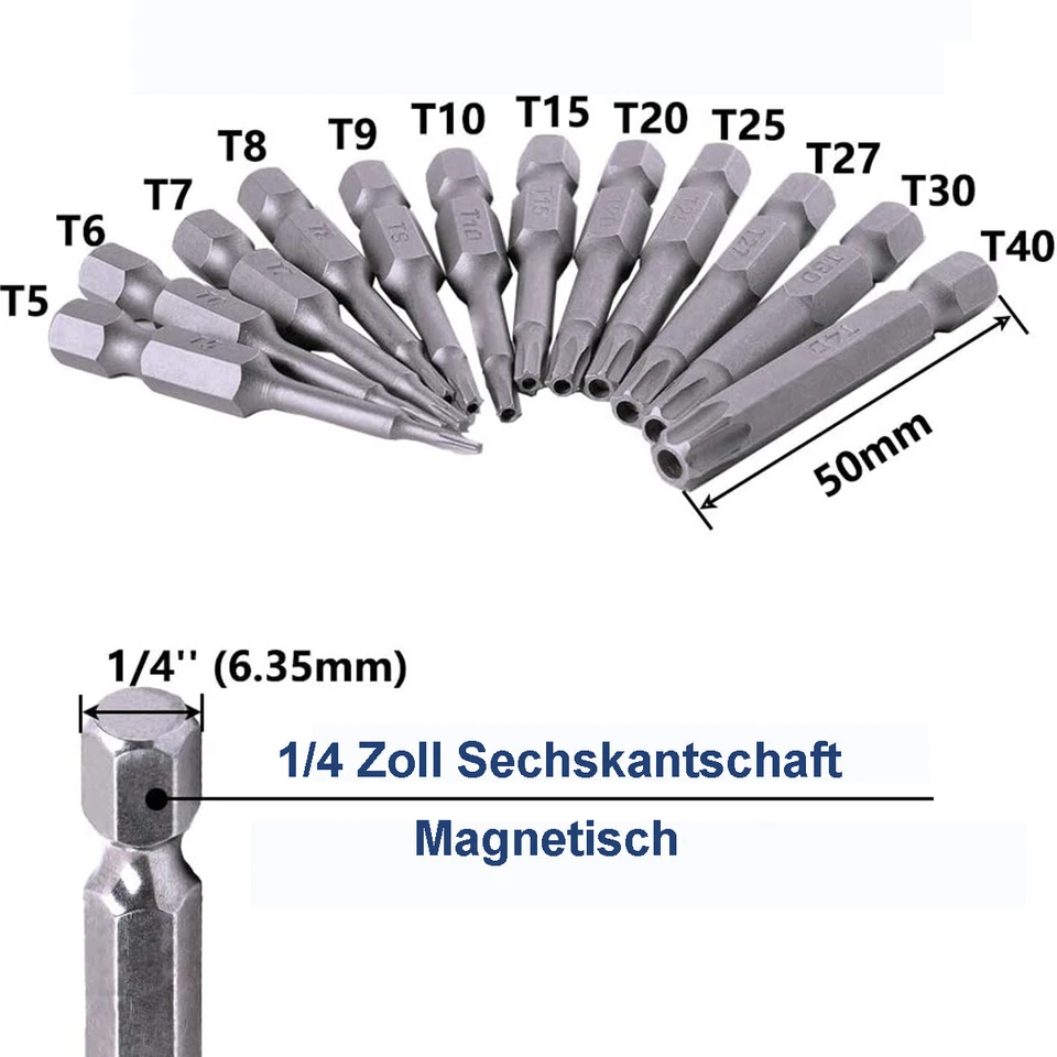 Torx Bit Set T5 T6 T7 T8 T9 T10 T15 T20 T25 T27 T30 T40 Magnetisch 50mm mit loch - Bild 3 von 4