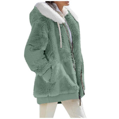 Women Warm Jacket Long Sleeve Zipper Pocket Hooded Warm Coat Loose Plush
