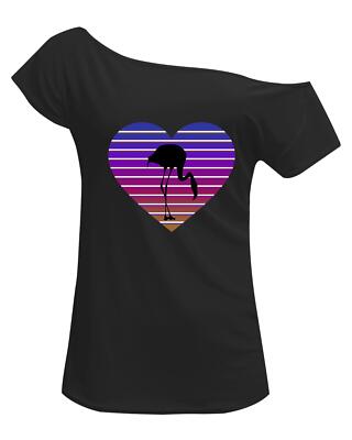 Women's Ladies Flamingo Heart Sunset Printed Off The Shoulder Top Tees T-Shirt
