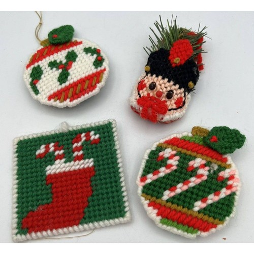4 Vtg Plastic Canvas Needlepoint Christmas Ornaments Soldier Candy Cane