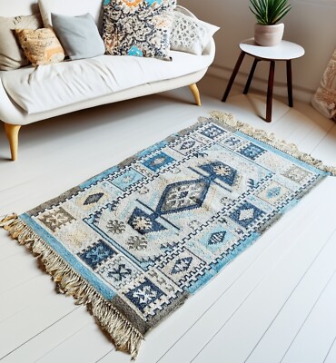 Indoor Outdoor Teppich Blau Kelim Stil PET Recycelt Robust Teppiche Verschiedene Größen