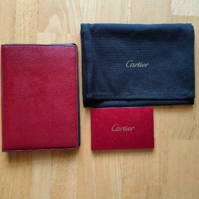 Cartier バーガンディ レザー パスポートケース CARTIER Passport Case Holder Goatskin Leather Red Gray Fabric