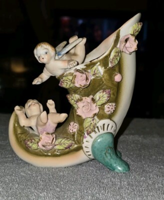 Vintage BETSON Figural Horn Vase with Attached Cherubs Hand Painted Japan