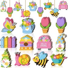 36 Pieces Spring Flower Ornaments Spring Tree Ornaments Easter Wood Tulip Han...
