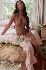 NEW House of CB Valentina Midi Dress Mocha Ruched Bodycon Cutout Asymmetrical 
