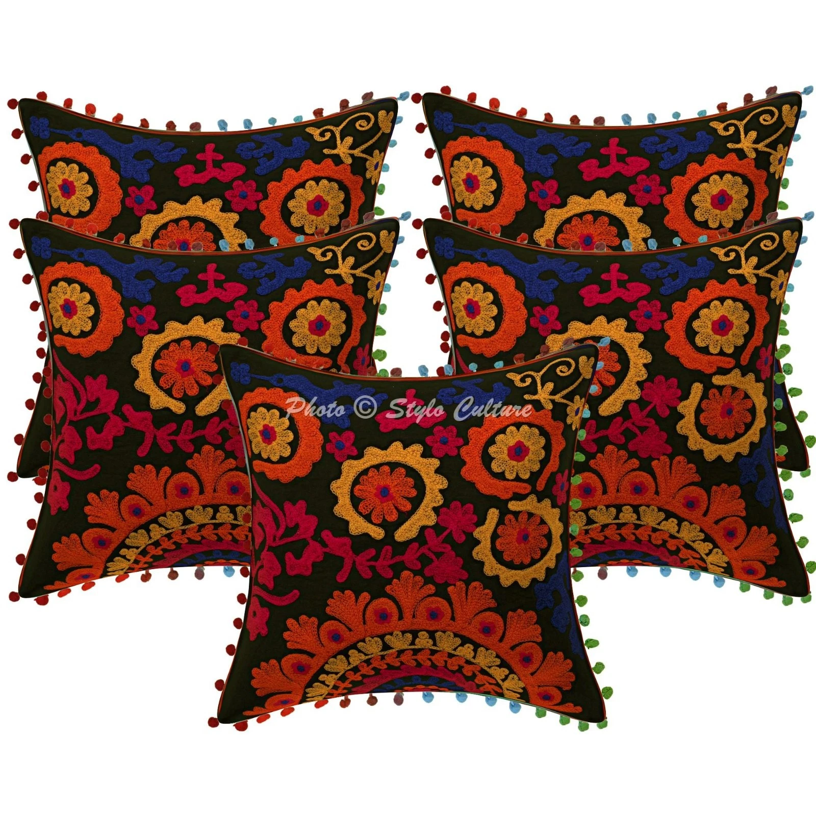 Ethnic Throw Pillow Covers Suzani Embroidered Pom Pom Cotton Black Floral Decor