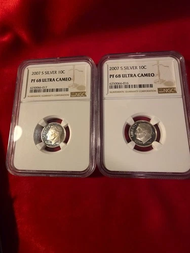 Pair of 2007 S ROOSEVELT SILVER 10c / DIMES NGC PF68 ULTRA CAMEO NGC Graded