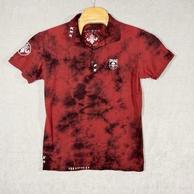 Affliction Live Fast Mens Polo XL Red Black Tie Dye Skull Y2K Streetwear USA