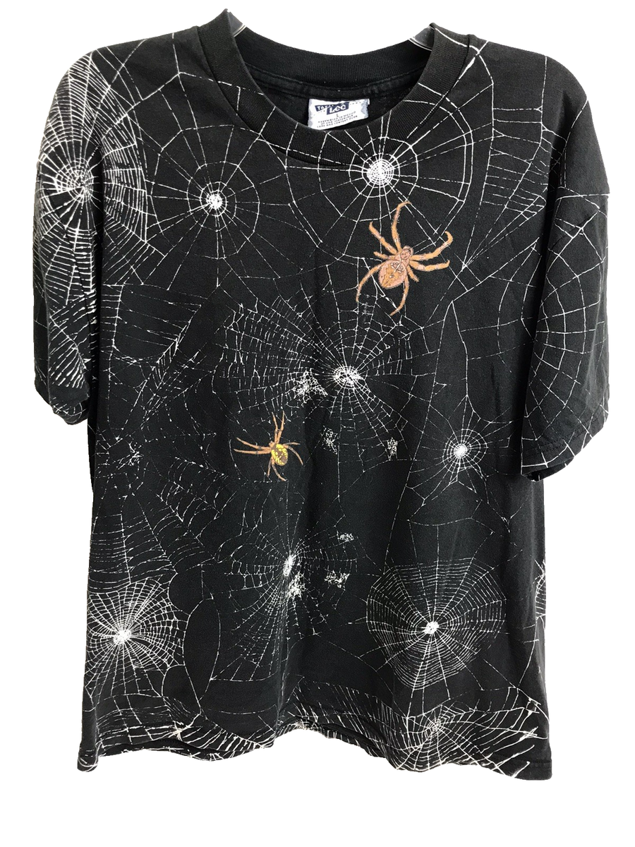 VINTAGE Tee Lee 1990's L Spider Spiderweb Goth Punk AOP Black