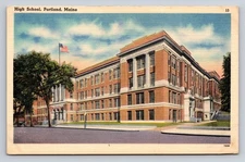 Vintage Linen Postcard High School Portland Maine Tichnor Bros 1930s