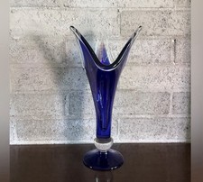 Vintage Cobalt Blue Art Glass Swung Vase Murano Style Tall Sculptural