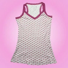 Y2K Fitted Tarea White & Pink Peace Sign Ribbed Lace Trim Cami Tank Top