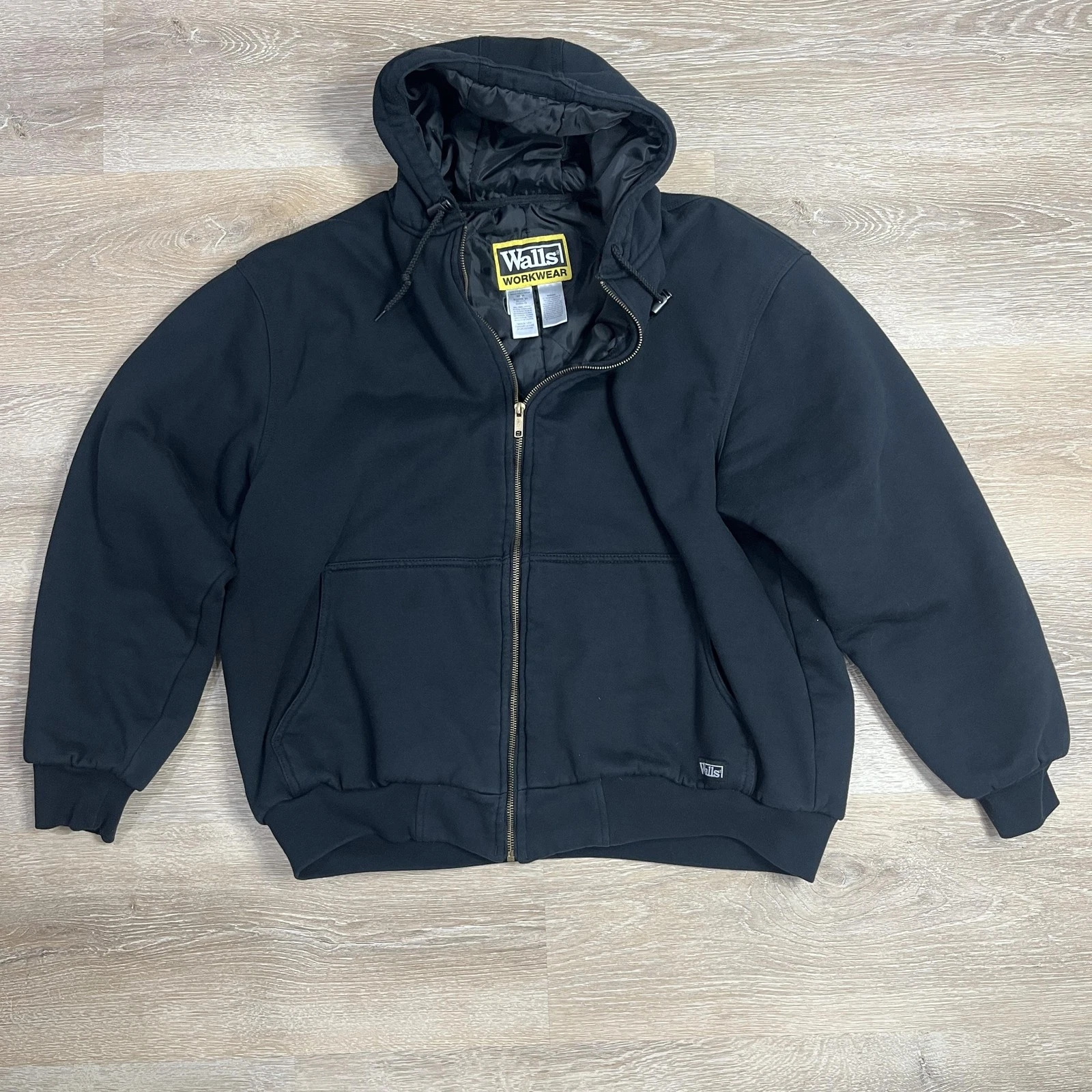 Walls Workwear Jacket Mens XL Black Hooded Insulated Full Zip Bomber Lined