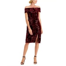 Adrianna Papell Red Cocktail Dress Sequin Velvet Off the Shoulder Sheath Size 6