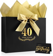 40th Birthday Gift Bag with Elegant Black Gold Card and Tissue Paper