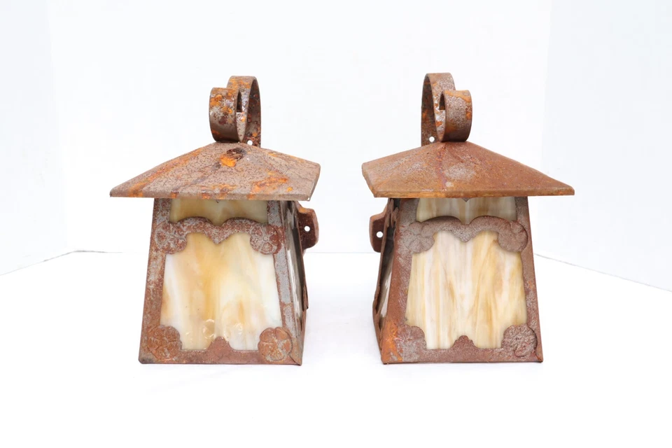 ATQ Pair Arts Crafts Mission Slag Glass Porch outdoor Wall Sconces Iron SET 2 - Image 4 of 4