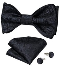 Black Self-Tied Bow Tie for Men Paisley Woven Bowtie and Pocket Square Cuffli...
